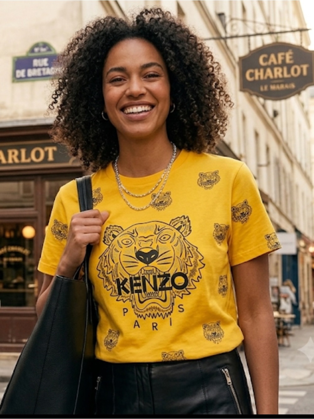 Kenzo Yellow Short-Sleeve Tee with Black Tiger Head Print